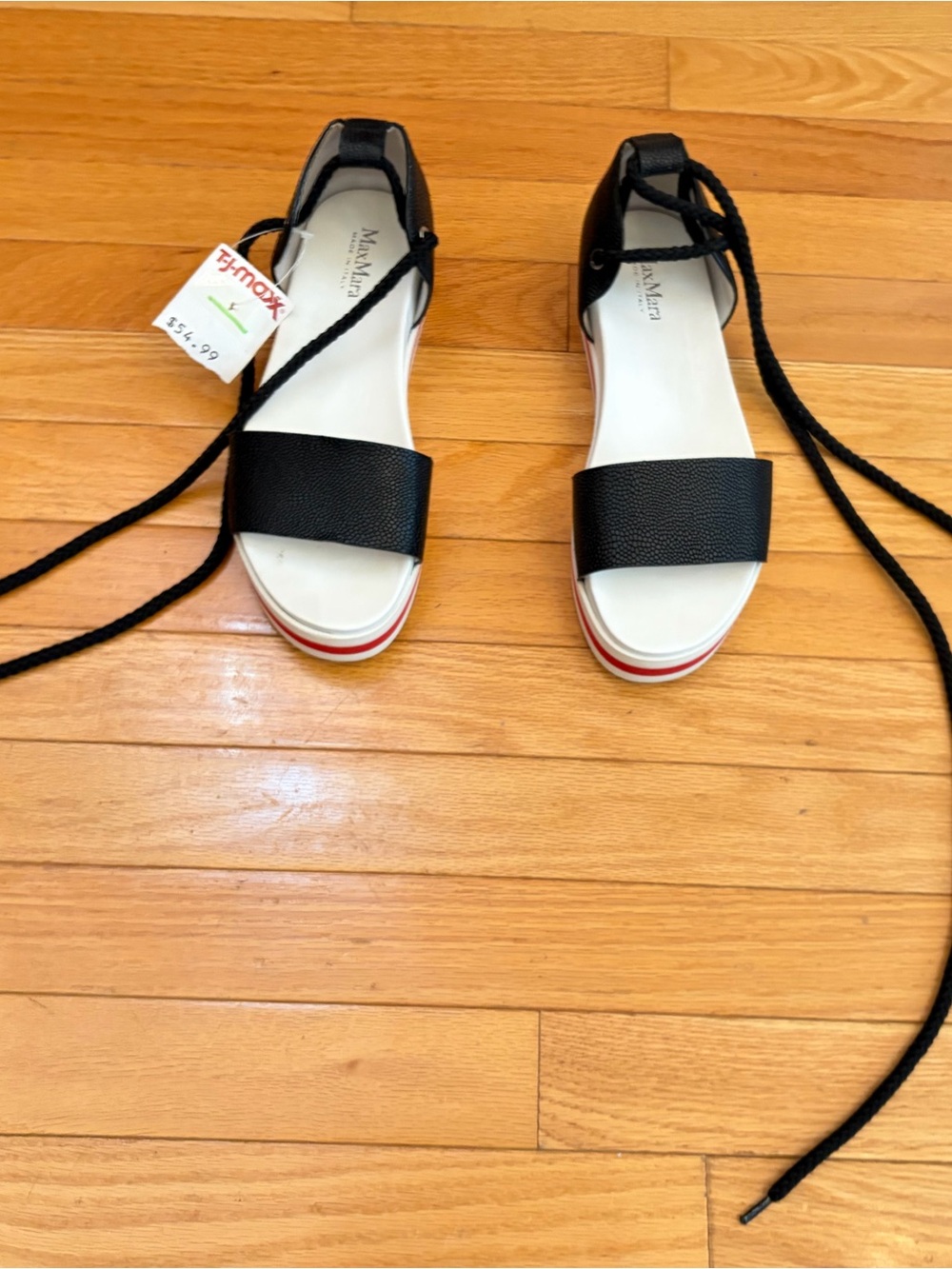 MaxMara Black Braided Ankle Tie Platform Sandal with White Insole
